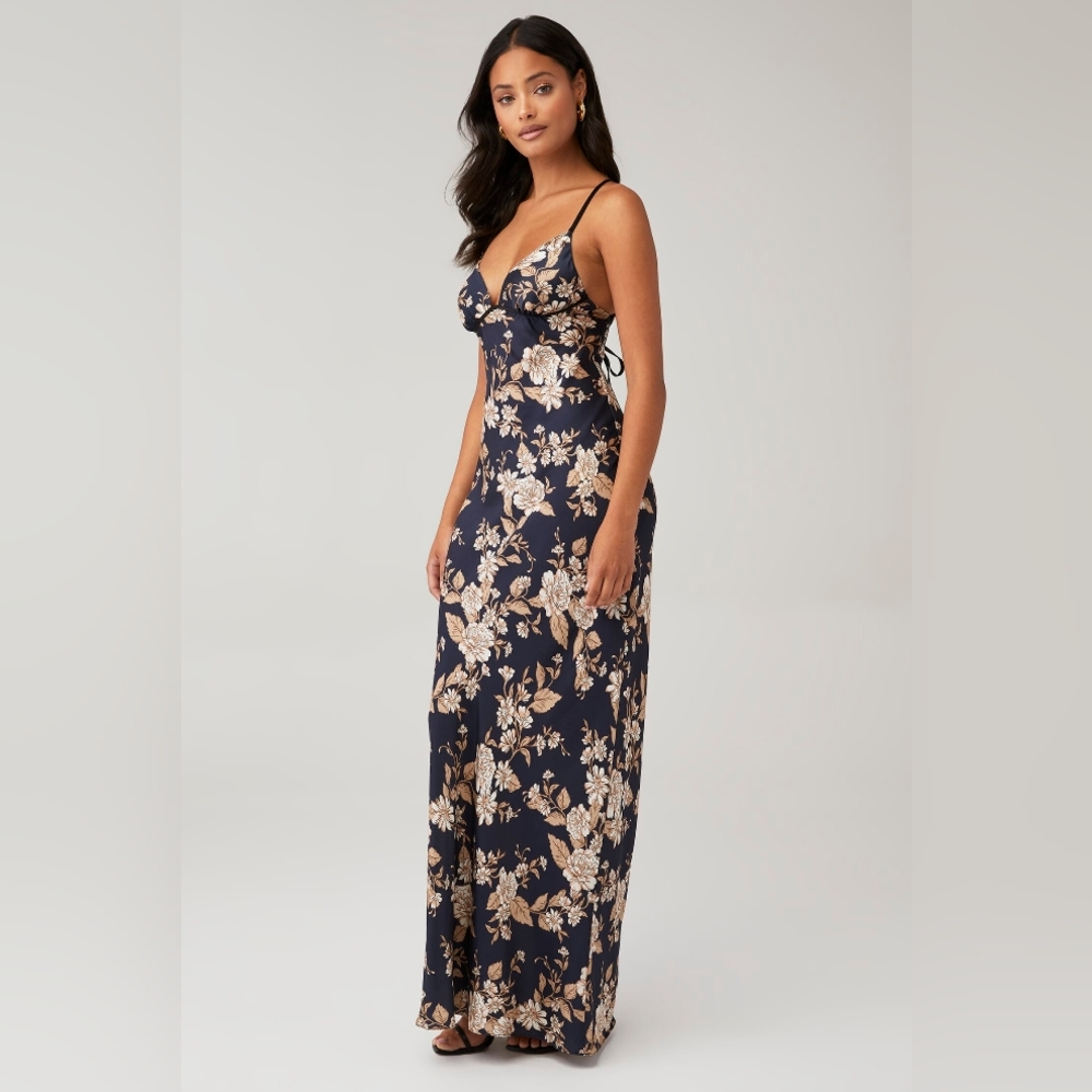 Navy Floral Maxi Slip Dress with Beige Blooms